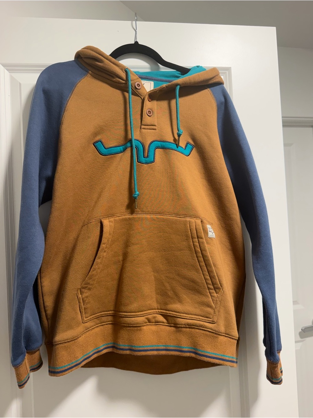Women’s Hooded Pullover Shirt in Brown with Blue Sleeves